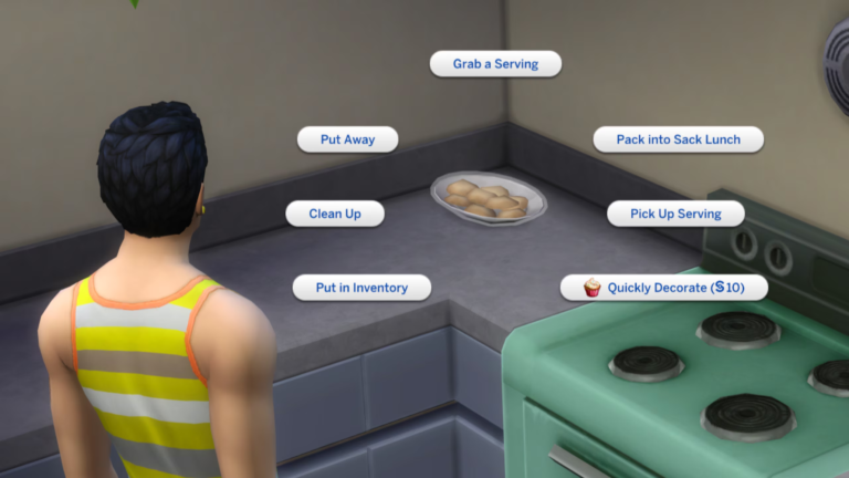 Un Sim ante unas galletas con la opción Decorar deprisa en el menú