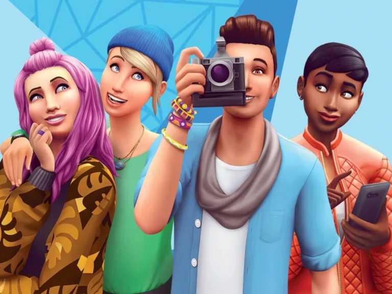 Cuatro personajes de Los Sims 4 sobre un fondo azul; uno sostiene una cámara y otro un teléfono.