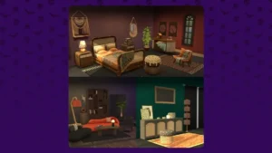 Collage de un dormitorio y dos salas de estar de Los Sims 4 sobre un fondo morado con motivos de Halloween.