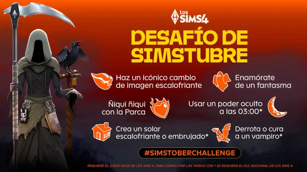 La Parca y un cuervo junto al título Desafío de Simstubre y una selección de retos de Halloween de Los Sims 4.