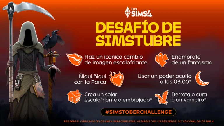La Parca y un cuervo junto al título Desafío de Simstubre y una selección de retos de Halloween de Los Sims 4.