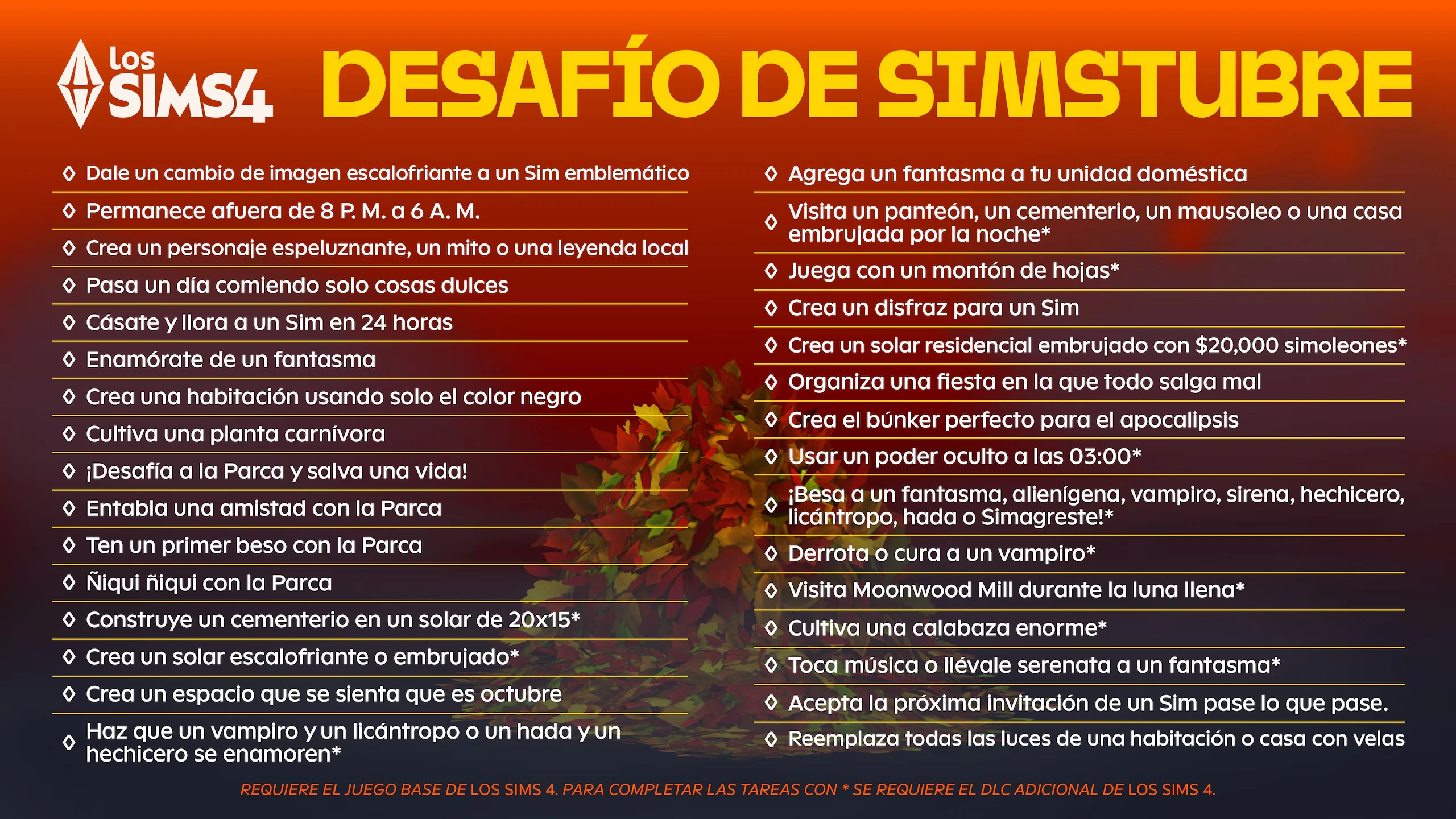 Lista oficial de los 31 retos de Simstubre en español, sobre fondo naranja y oscuro, con las tareas que requieren DLC marcadas con asterisco.