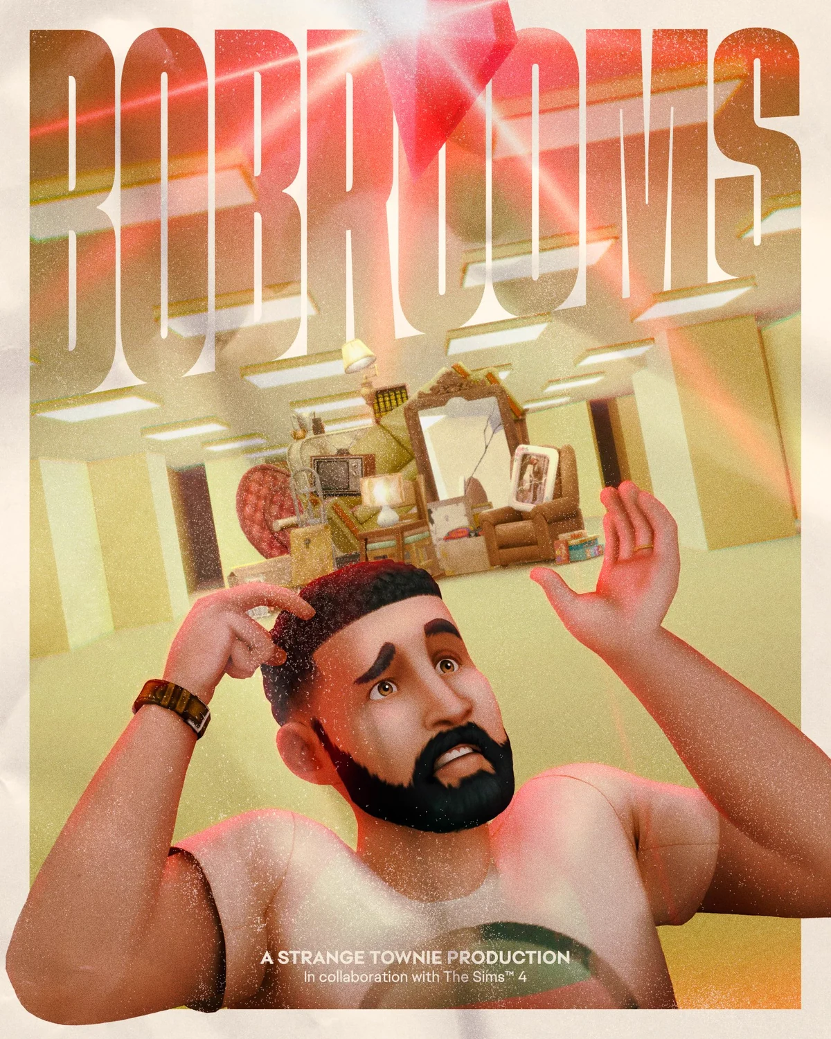 Póster Bobrooms con un Sim barbudo asustado en una habitación amarilla y un plumbob rojo