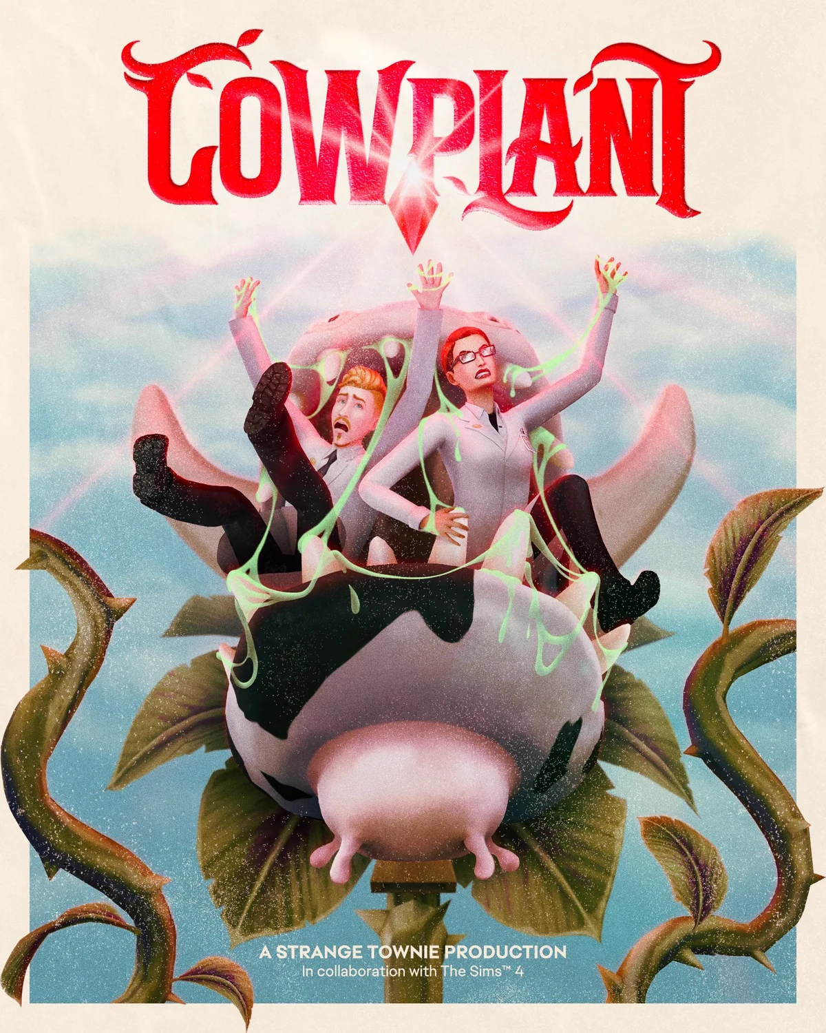 Póster Cowplant con dos Sims de bata blanca atrapados en la boca de una planta vaca gigante