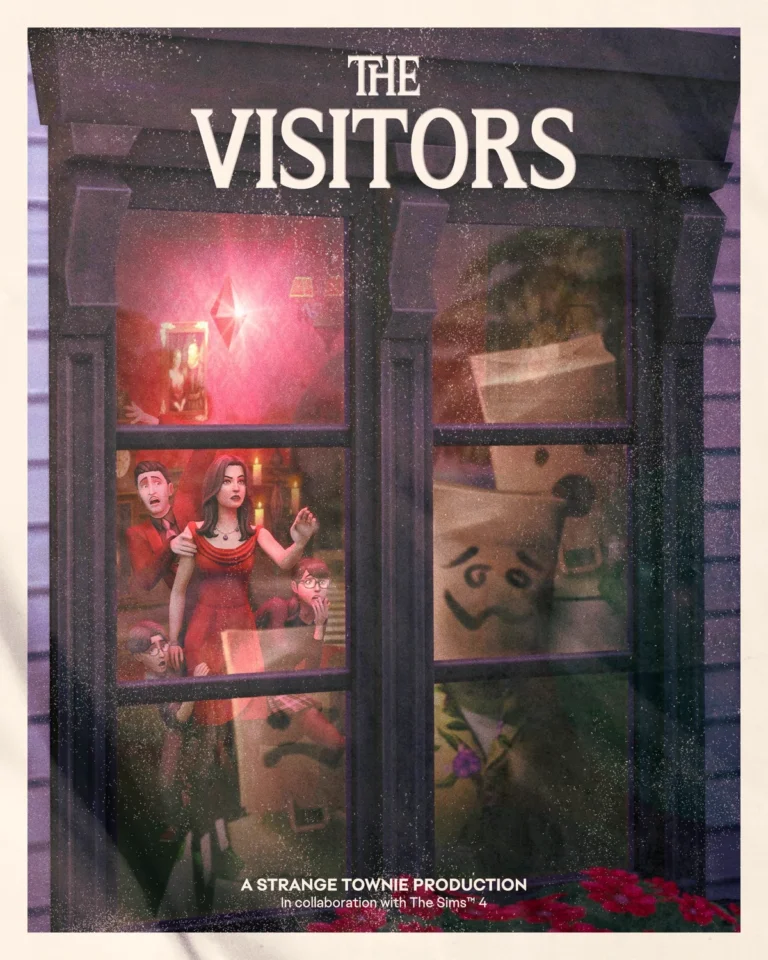 Póster The Visitors con una familia de Sims tras una ventana y gnomos gigantes en el exterior