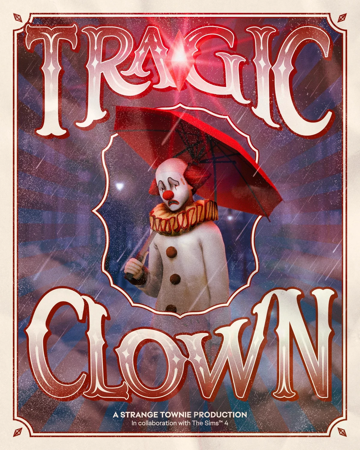 Póster Tragic Clown con un payaso triste bajo un paraguas rojo y la lluvia