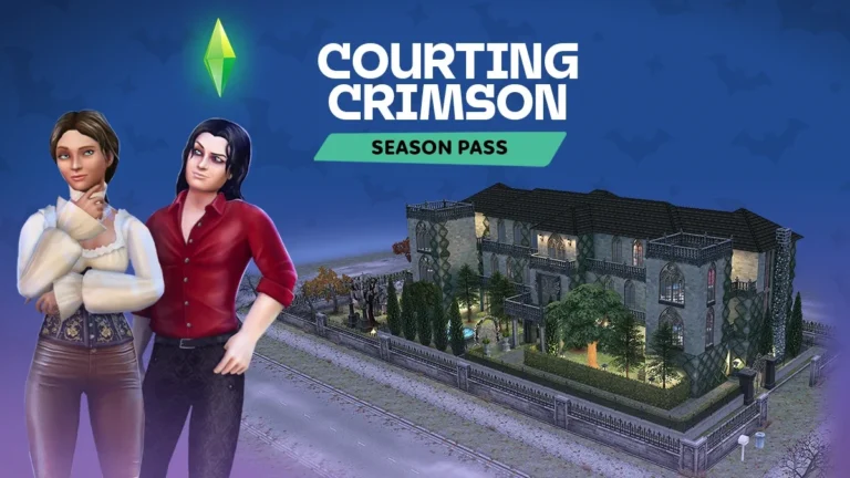 Dos Sims con atuendos góticos junto a la mansión Crimson Lodge y el título del pase Courting Crimson