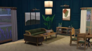 Salón con sofás verdes, muebles de madera, plantas y lámparas de pared