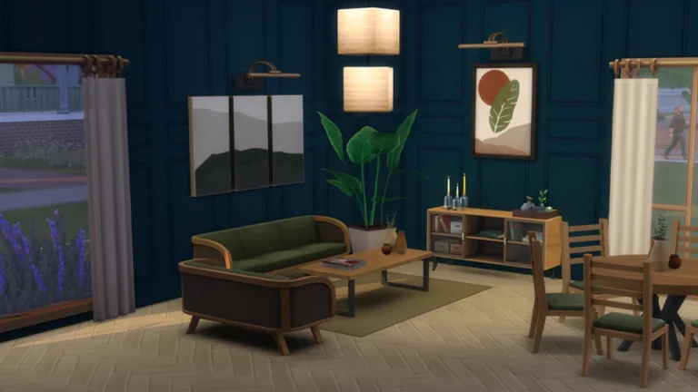 Salón con sofás verdes, muebles de madera, plantas y lámparas de pared