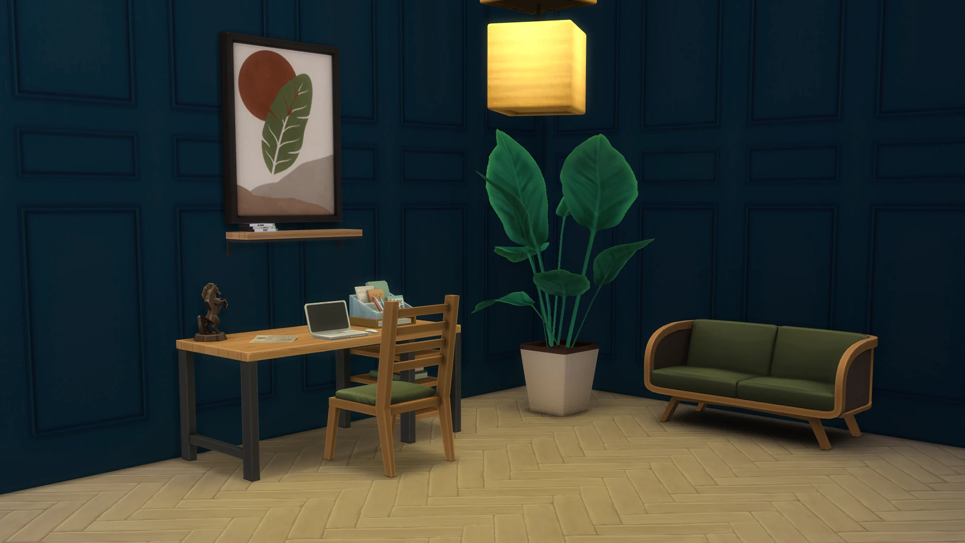 Zona de trabajo con escritorio de madera, silla, planta y arte enmarcado