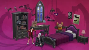 Dormitorio infantil gótico con camas, muebles oscuros y un peluche de murciélago.