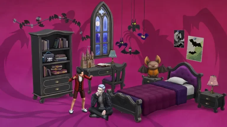 Dormitorio infantil gótico con camas, muebles oscuros y un peluche de murciélago.
