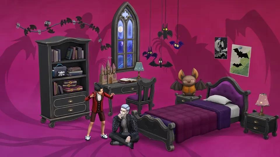 Dormitorio infantil gótico con camas, muebles oscuros y un peluche de murciélago.