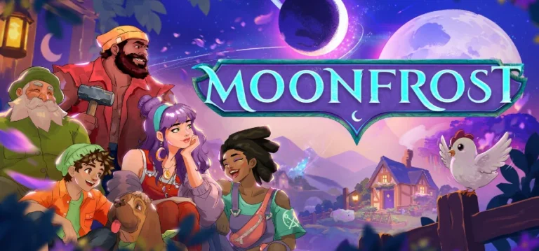 Ilustración de Moonfrost con sus habitantes, un perro, una gallina y dos lunas sobre el pueblo.