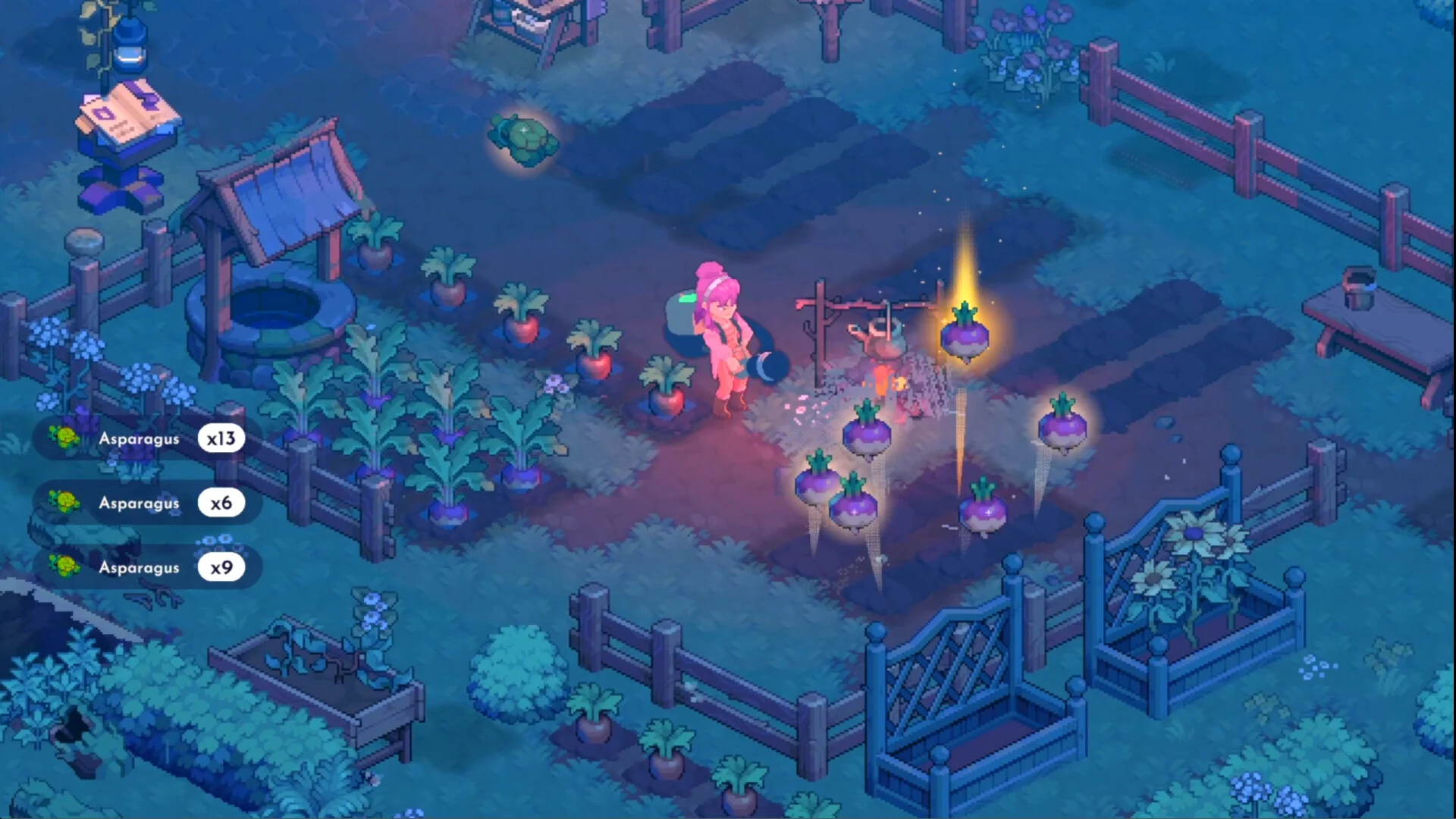 Personaje de cabello rosa junto a cultivos y un pozo en un huerto de Moonfrost durante la noche.