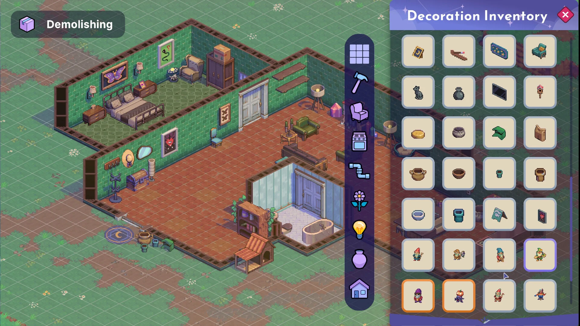 Modo de construcción de Moonfrost con habitaciones amuebladas y el inventario de decoración abierto.