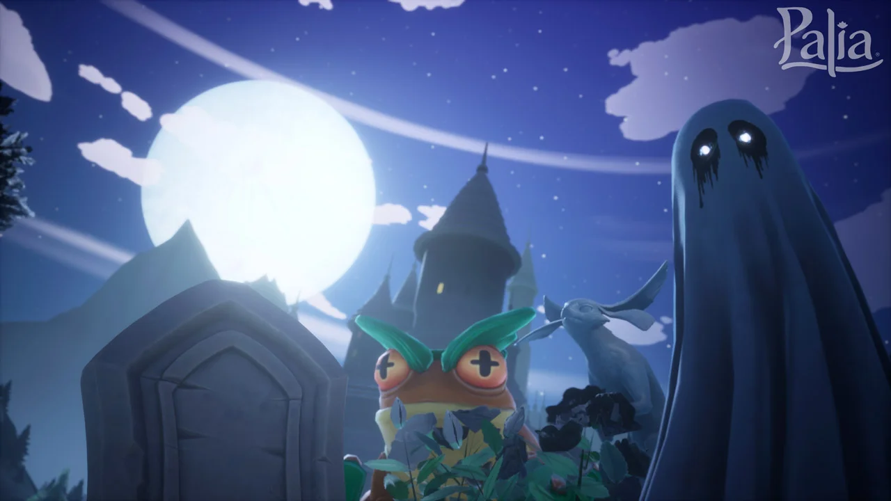 Un personaje vestido de fantasma junto a una lápida bajo la luna llena.