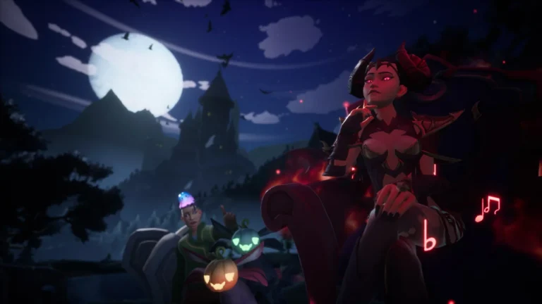 Personajes de Palia entre calabazas bajo una luna llena.