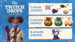Banner de Twitch Drops de Palia con Jina, ingredientes, bolsas de premios, Pumpkin Pod y el peluche Fall Flutterfox