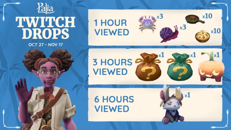 Banner de Twitch Drops de Palia con Jina, ingredientes, bolsas de premios, Pumpkin Pod y el peluche Fall Flutterfox