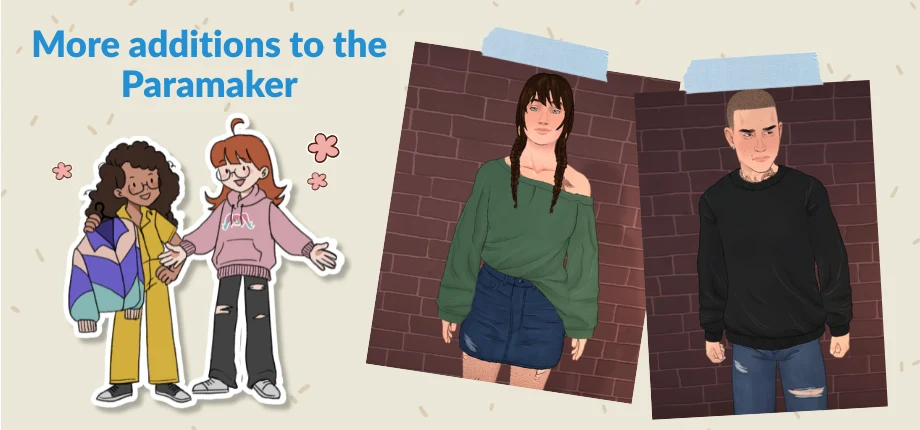 Avance de Paramaker con dos personajes que llevan sudaderas y pantalones holgados