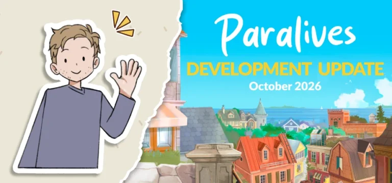 Cabecera del informe de octubre de Paralives con un personaje ilustrado y una vista del pueblo