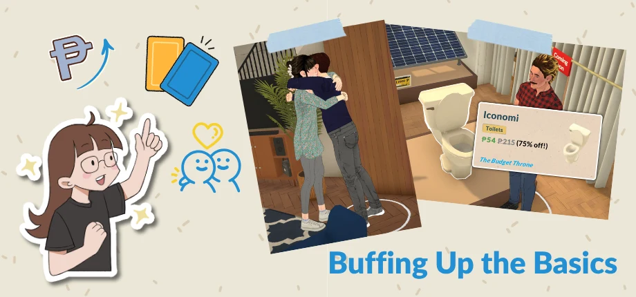 Montaje de Paralives con un abrazo entre personajes y una factura junto al apartado de jugabilidad básica