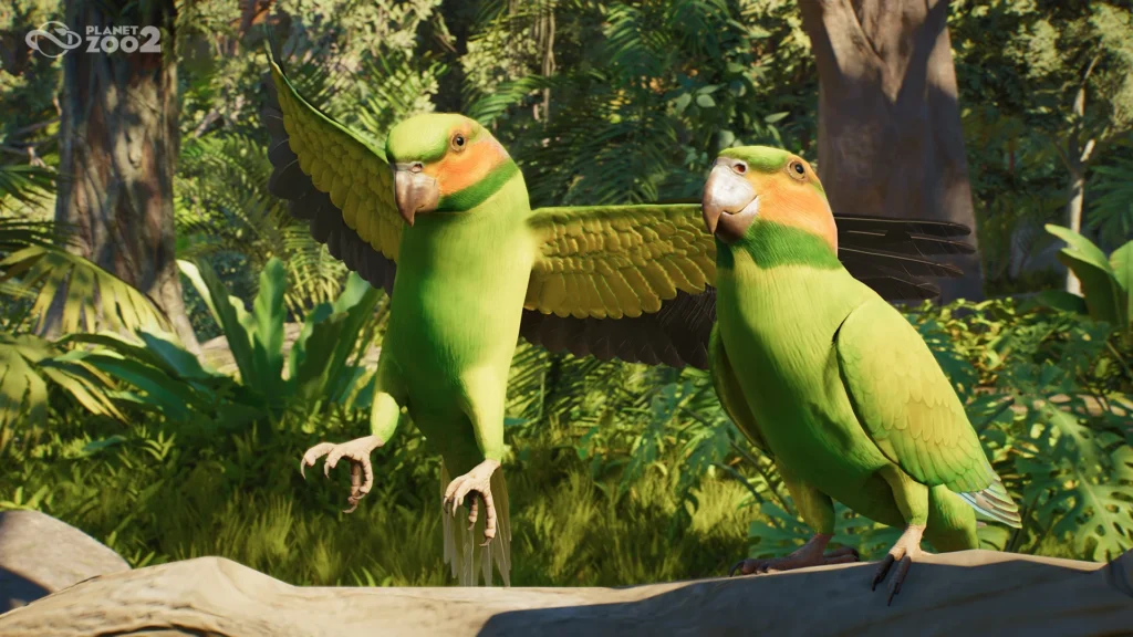 Dos loros verdes con zonas anaranjadas en la cabeza, uno con las alas abiertas, entre vegetación de Planet Zoo 2
