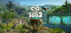 Un tigre con sus crías, un tucán y visitantes junto a un acuario, con el logotipo de Planet Zoo 2.