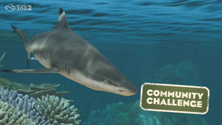 Tiburón de arrecife de puntas negras nadando junto a corales, con los logos de Planet Zoo 2 y Community Challenge