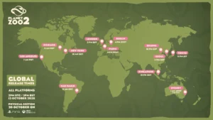 Mapa oficial de Planet Zoo 2 con los horarios de lanzamiento del 13 de octubre de 2026 en distintas ciudades y la fecha del 20 de octubre para la edición física.