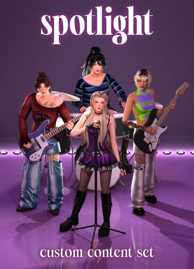 Cuatro Sims con ropa y peinados de Spotlight posan como una banda de rock sobre un escenario violeta