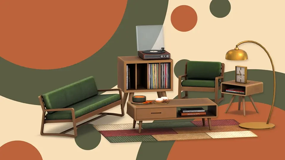 Sofá verde, sillón, tocadiscos y mesas de madera de Colección Canela