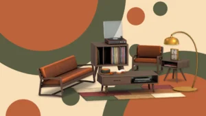 Muebles retro de Colección Canela con tapicería naranja y madera oscura