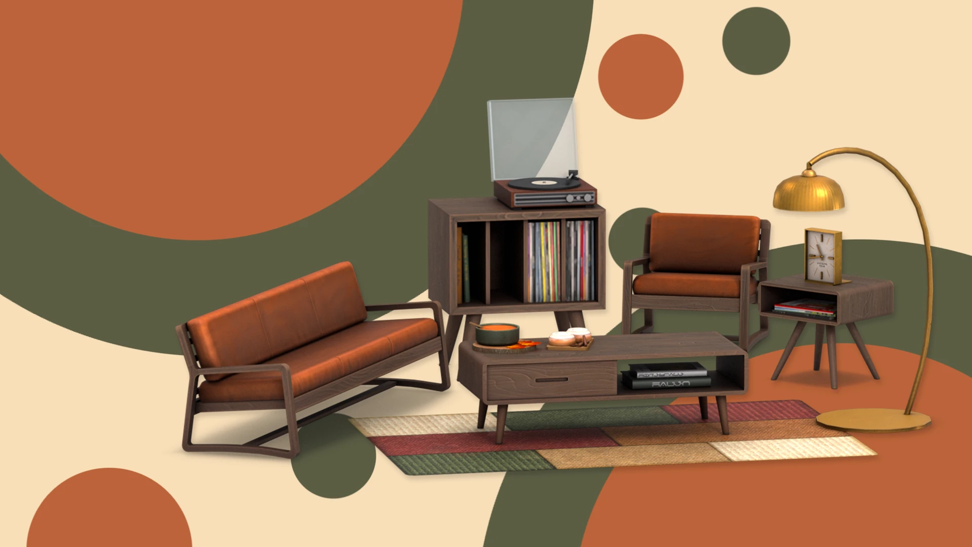 Muebles retro de Colección Canela con tapicería naranja y madera oscura
