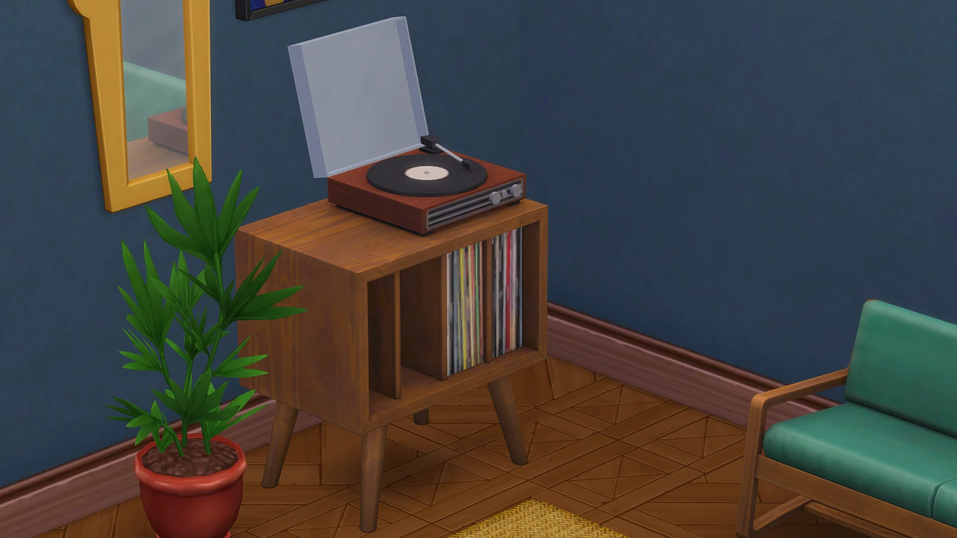 Mueble con discos y tocadiscos junto a una planta y un sillón