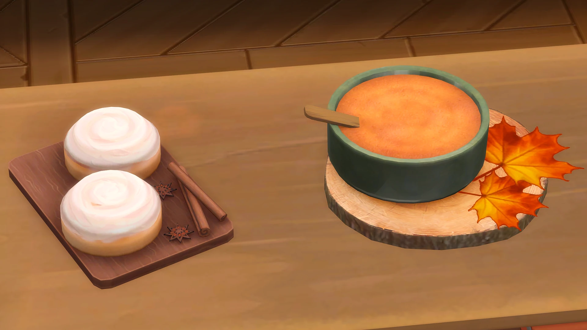 Dulces decorativos y un cuenco anaranjado sobre una mesa de madera