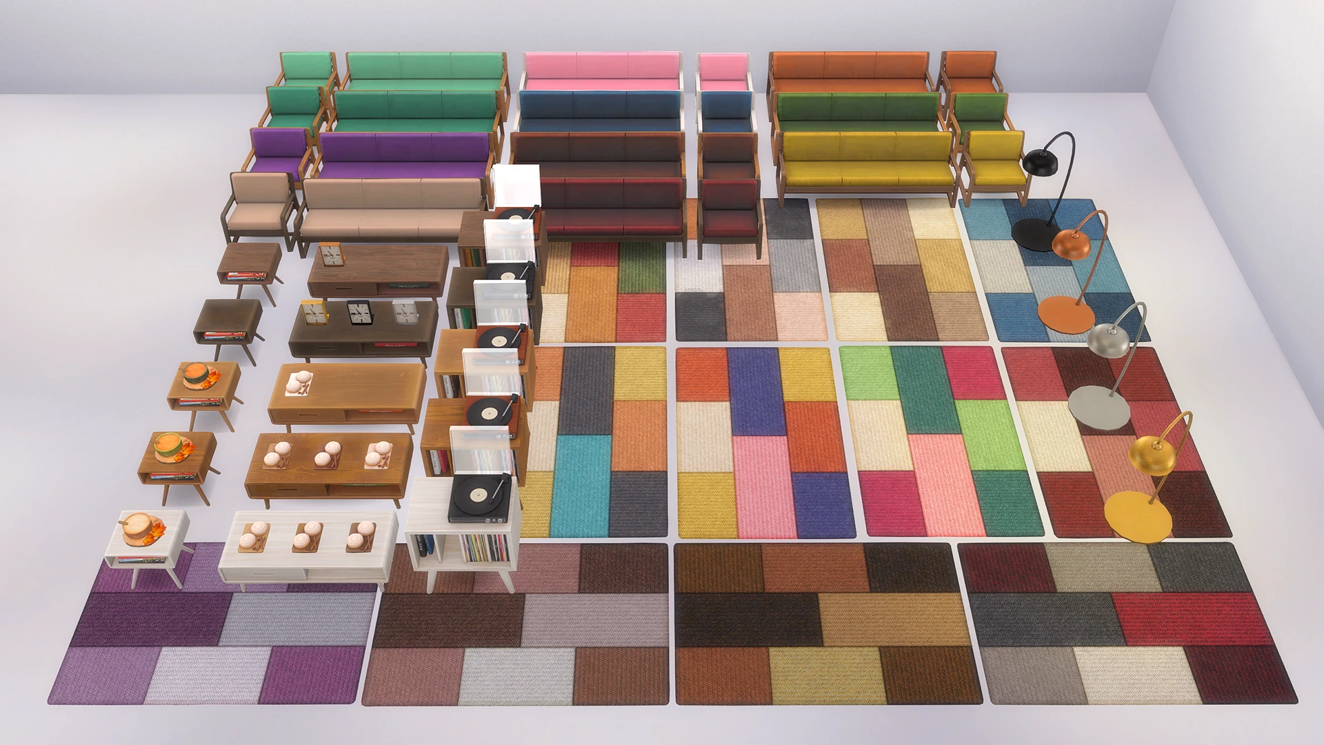 Variantes de colores de los muebles, alfombras y decoraciones de Colección Canela