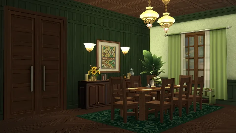 Comedor con paredes verdes, paneles de madera y suelo en espiga de Harrow