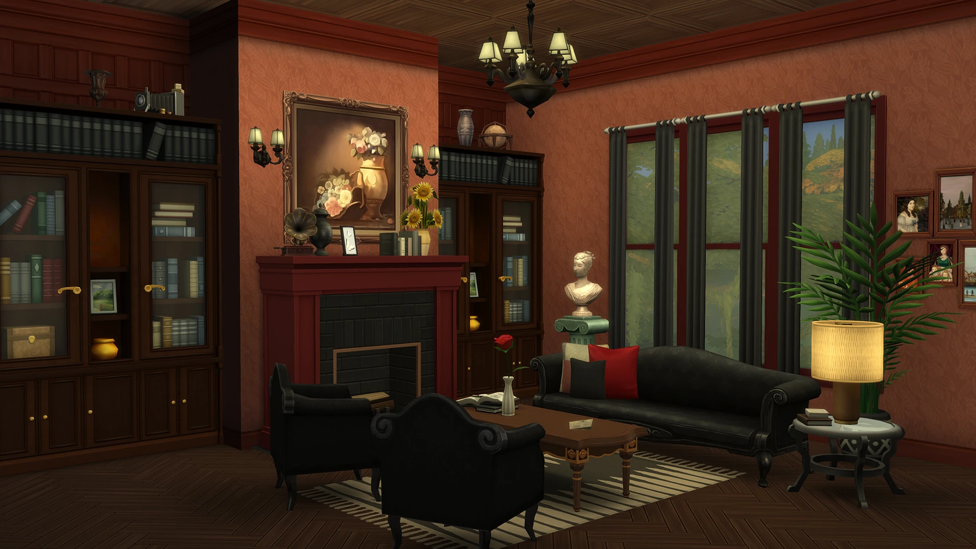 Salón con paredes cálidas, paneles oscuros y suelo de madera de Harrow