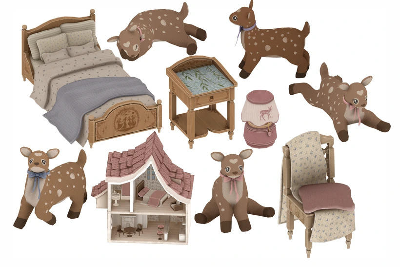 Cama infantil, casa de muñecas, lámpara, mesitas y cervatillos decorativos del set Just Cozy