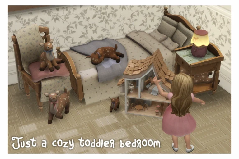 Niña pequeña jugando con una casa de muñecas junto a una cama infantil y cervatillos decorativos de Just Cozy