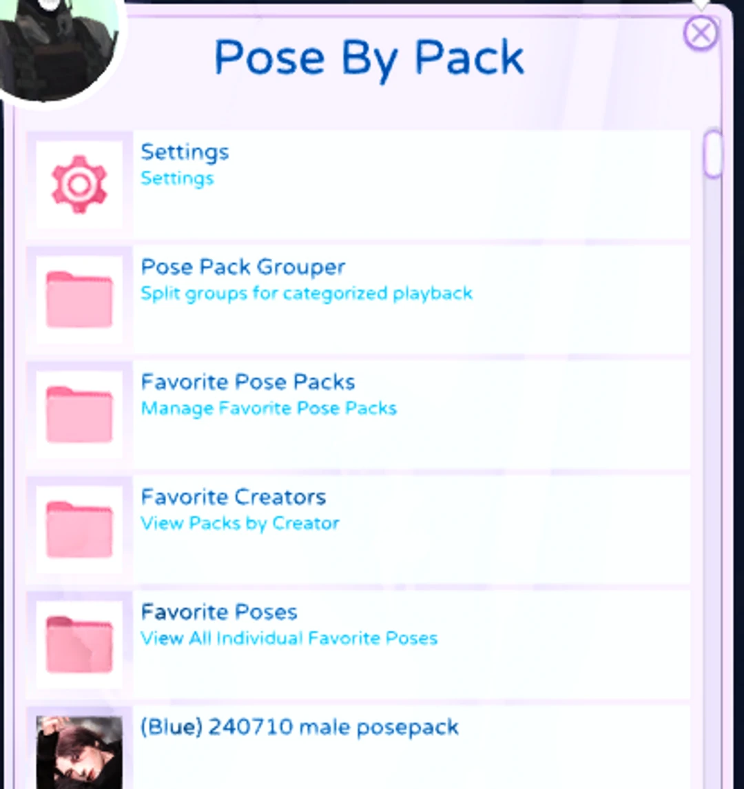 Menú de una versión anterior de Pose Manager con carpetas para packs, creadores y poses favoritas