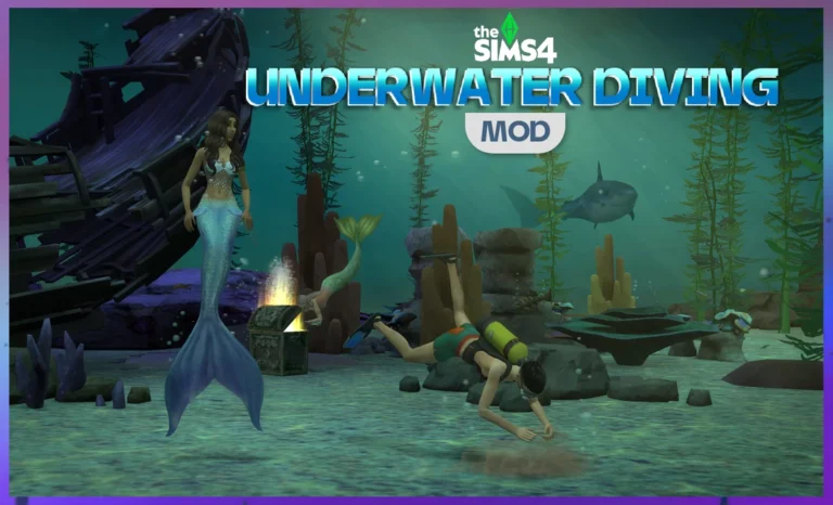 Sirena y buceador junto a un cofre, un barco hundido y un tiburón en la portada de Underwater Diving Mod