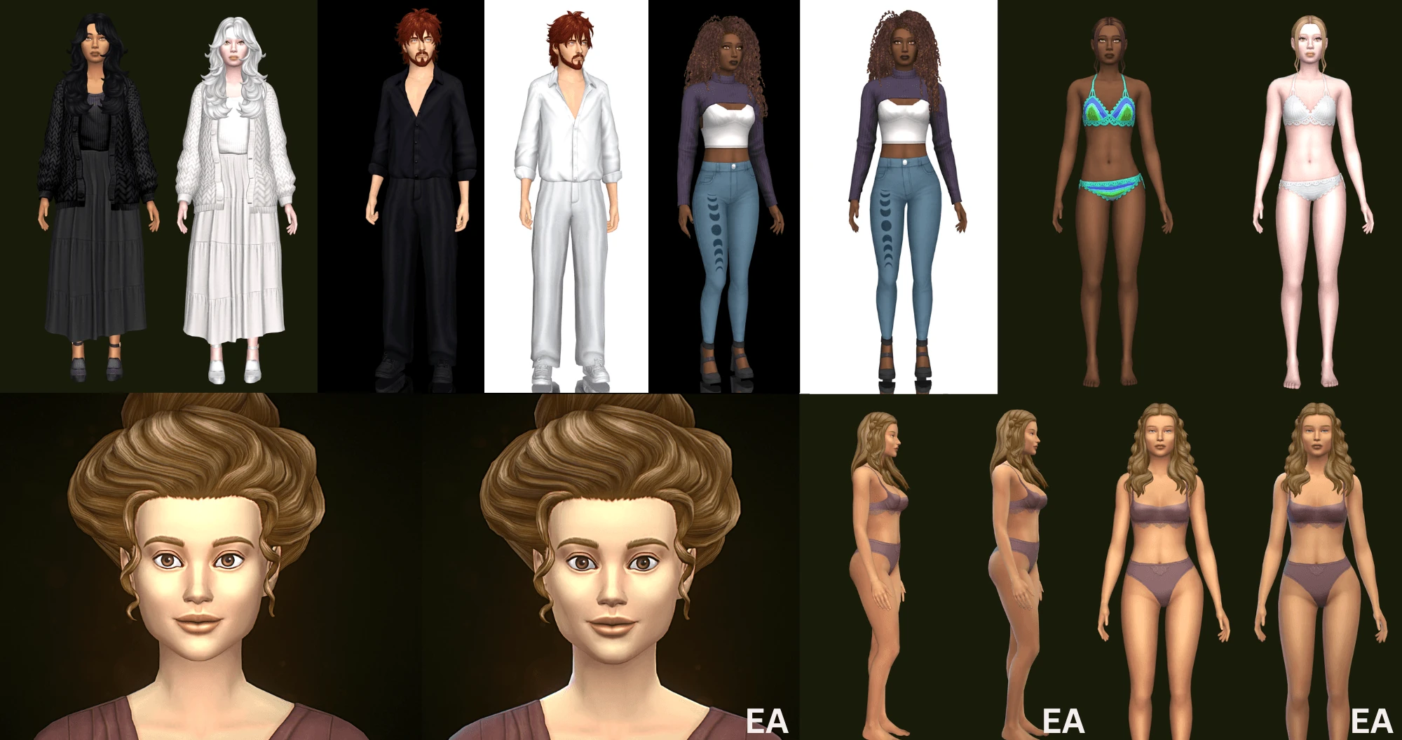 Comparativas de varios Sims y prendas con Velvet CAS Lighting y la iluminación de EA