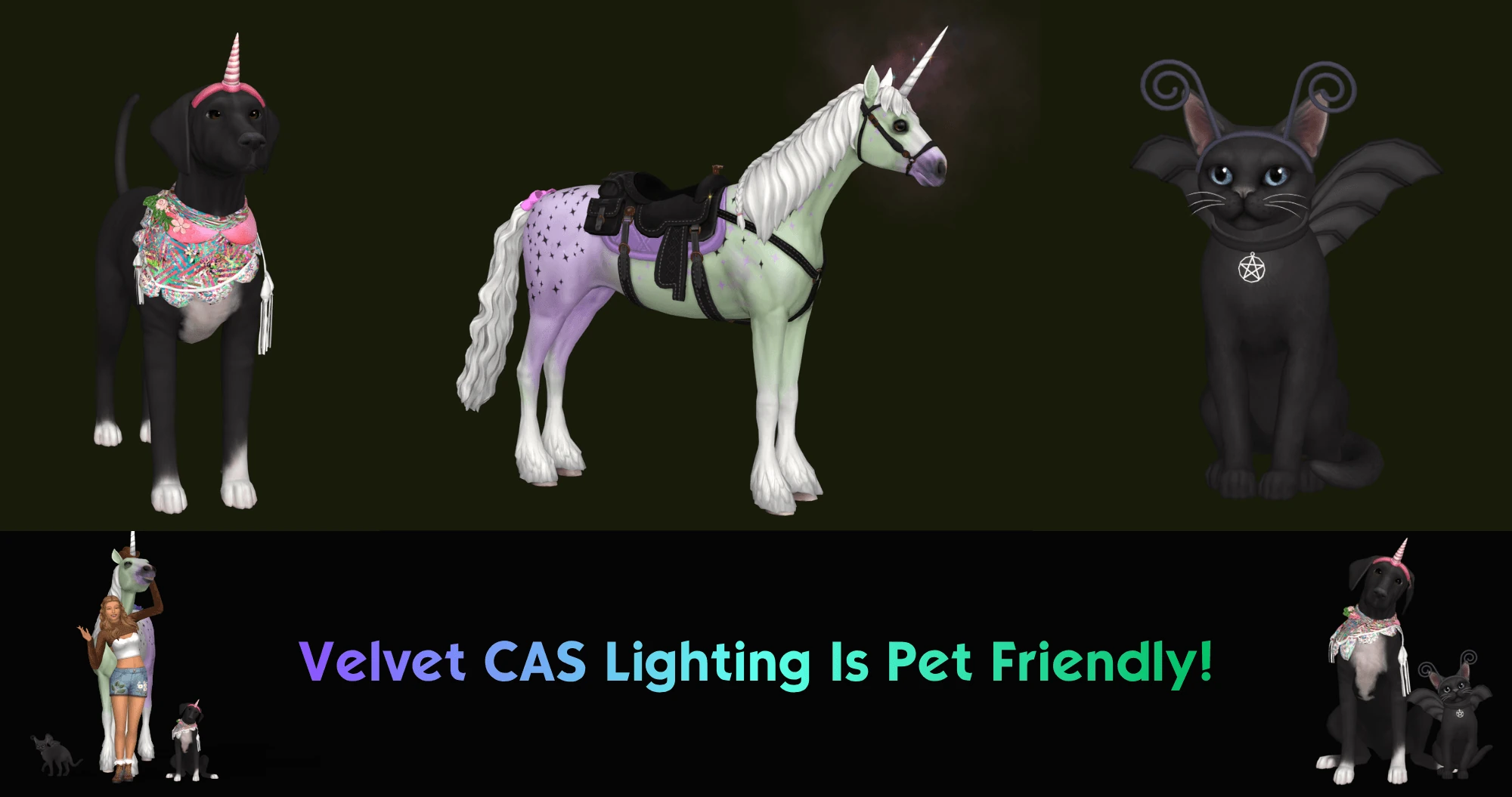 Presentación de Velvet CAS Lighting con un perro, un caballo y un gato