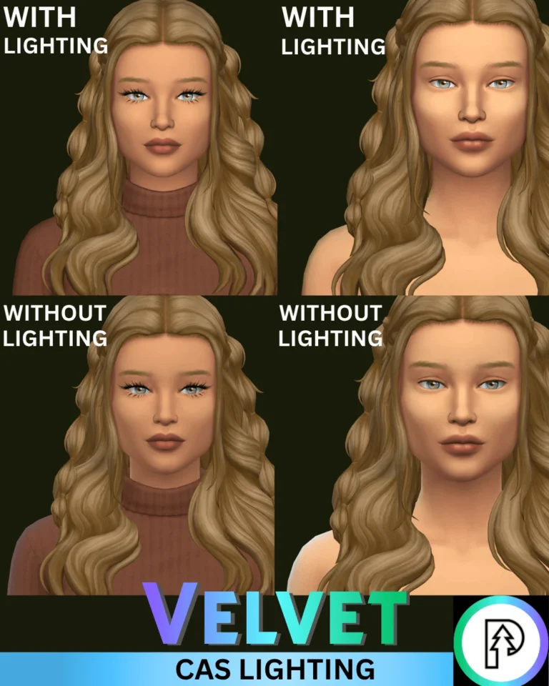 Comparativa del rostro de una Sim con y sin Velvet CAS Lighting