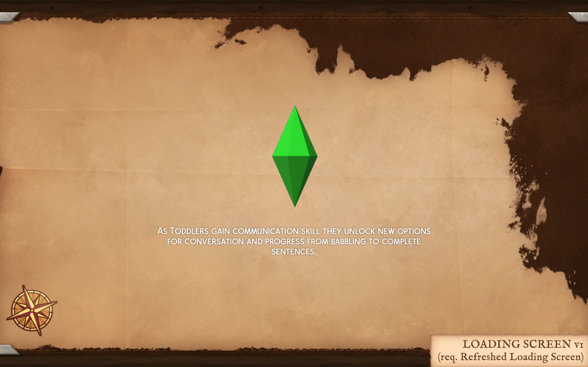 Pantalla de carga de Ye Olde UI con fondo de pergamino, plumbob verde y brújula