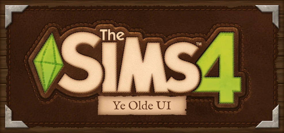 Logotipo de Los Sims 4 y Ye Olde UI sobre una textura de cuero marrón con esquinas metálicas
