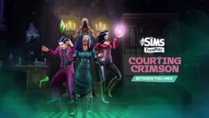 Tres Sims con atuendos góticos delante de una estatua de la Parca, junto al logotipo de Courting Crimson de Los Sims FreePlay.